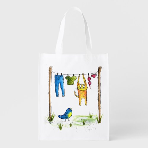 Whimsical Cat on a Clothesline Grocery Bag