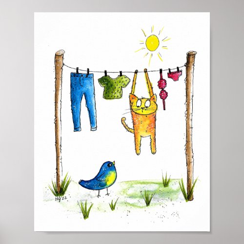 Whimsical Cat on a Clothesline Poster