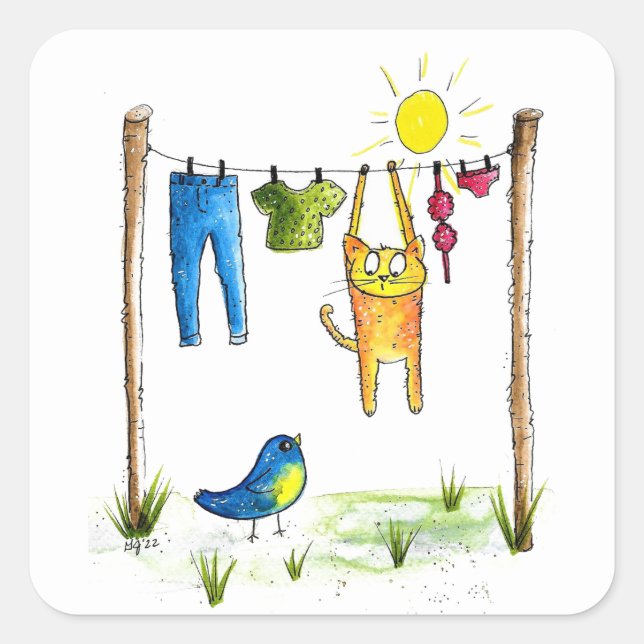 Whimsical Cat on a Clothesline Square Sticker (Front)