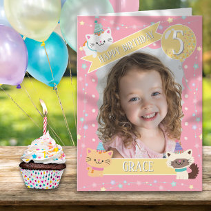 Whimsical Cat One Photo 5th Birthday Card