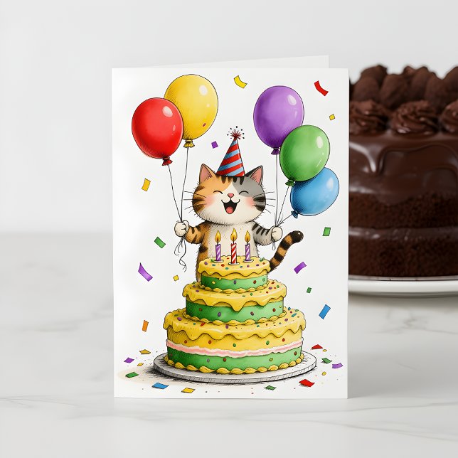 Whimsical Cat Party Hat Cake Balloons Birthday Card (Creator Uploaded)