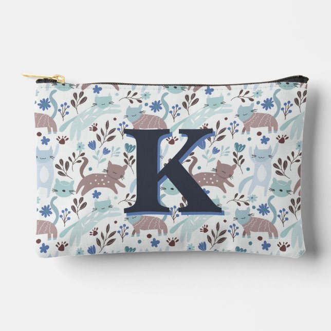 Whimsical Cat Pattern, Blue Gray Monogram Accessory Pouch (Front)