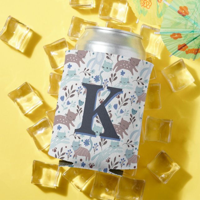 Whimsical Cat Pattern, Blue Gray Monogram Can Cooler (In Situ Summer)