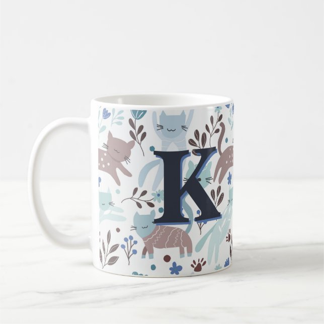Whimsical Cat Pattern, Blue Gray Monogram Coffee Mug (Left)