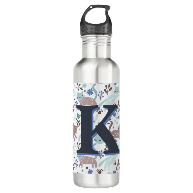 Whimsical Cat Pattern, Blue Gray Monogram Stainless Steel Water Bottle (Front)