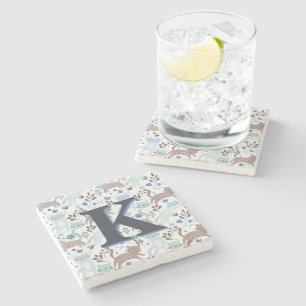 Whimsical Cat Pattern, Blue Gray Monogram Stone Coaster