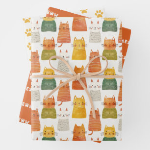 Whimsical Cat Pattern Feline Themed Colorful Wrapping Paper Sheets