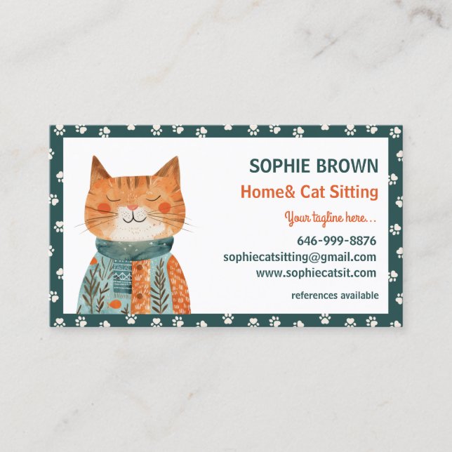 Whimsical Cat Paw Pattern Home& Cat Sitting Business Card (Front)