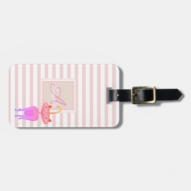 Whimsical Cat  Pink Stripe  Monogram-Personalized Luggage Tag (Front Horizontal)