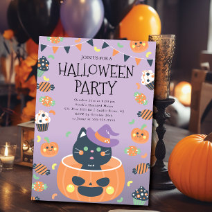 Whimsical Cat & Pumpkin Halloween Invitation