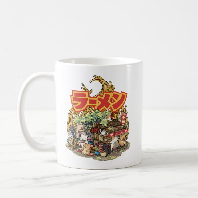 Whimsical Cat Ramen Noodle Stall Coffee Mug (Left)