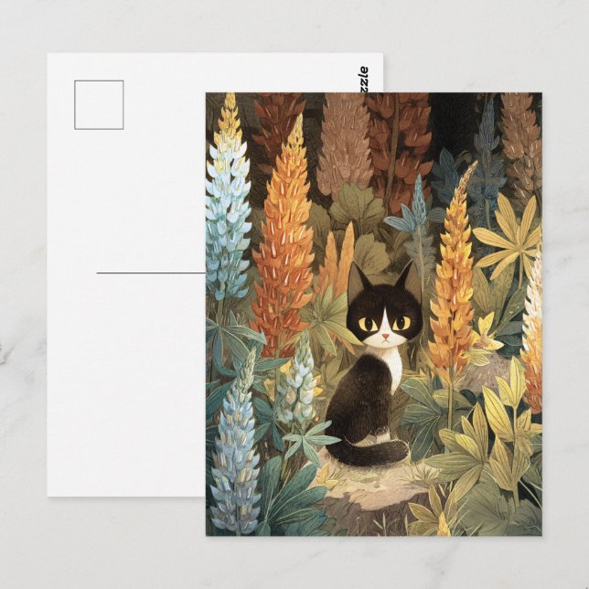 Whimsical Cat Sitting Among Vibrant Lupine Flowers Postcard (Front/Back)