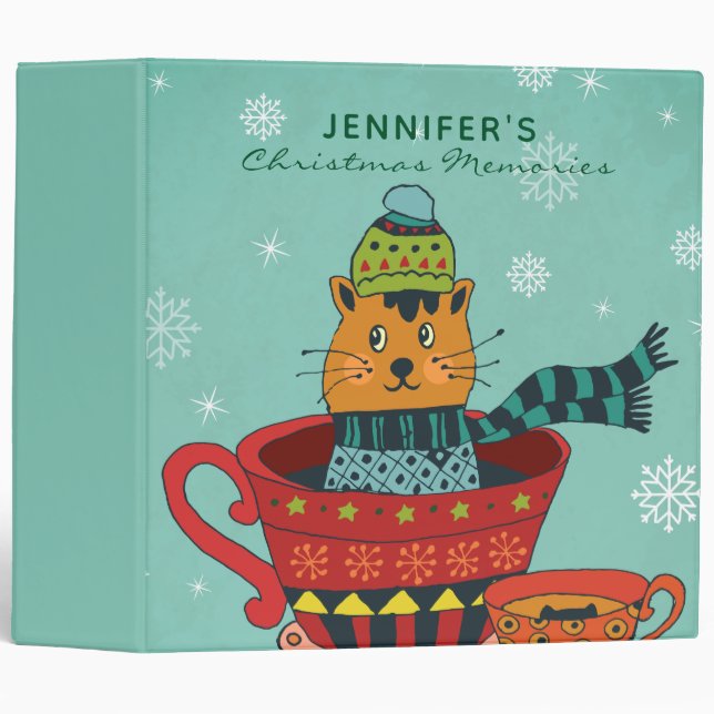 Whimsical Cat Sitting in a Teacup Christmas 3 Ring Binder (Front/Spine)