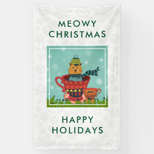 Whimsical Cat Sitting in a Teacup Christmas Banner