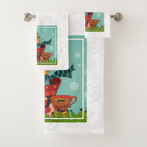 Whimsical Cat Sitting in a Teacup Christmas Bath Towel Set