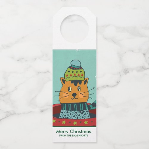 Whimsical Cat Sitting in a Teacup Christmas Bottle Hanger Tag