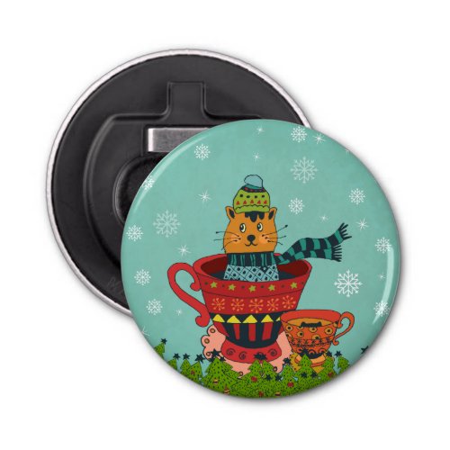 Whimsical Cat Sitting in a Teacup Christmas Bottle Opener