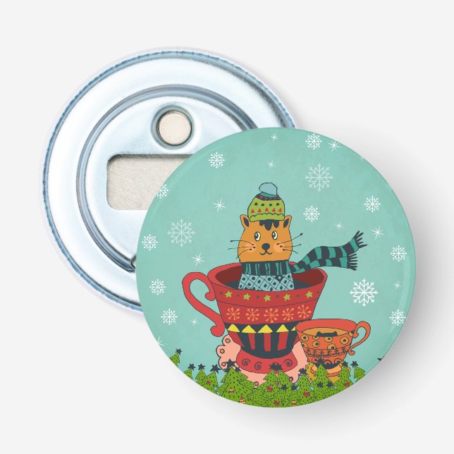 Whimsical Cat Sitting in a Teacup Christmas Bottle Opener (Front)
