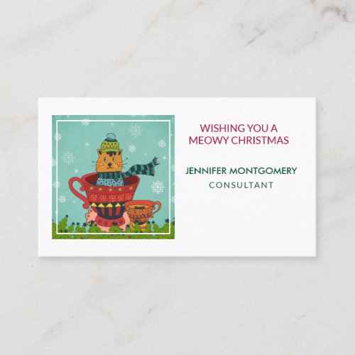 Whimsical Cat Sitting in a Teacup Christmas Business Card