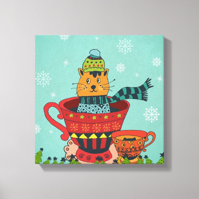 Whimsical Cat Sitting in a Teacup Christmas Canvas Print (Front)