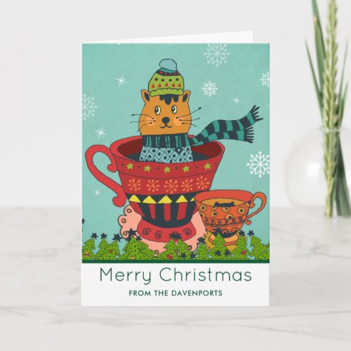 Whimsical Cat Sitting in a Teacup Christmas Card