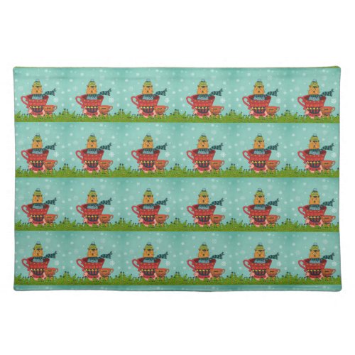 Whimsical Cat Sitting in a Teacup Christmas Cloth Placemat