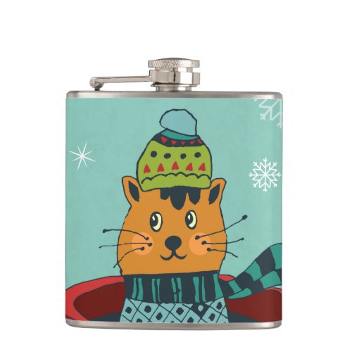 Whimsical Cat Sitting in a Teacup Christmas Flask