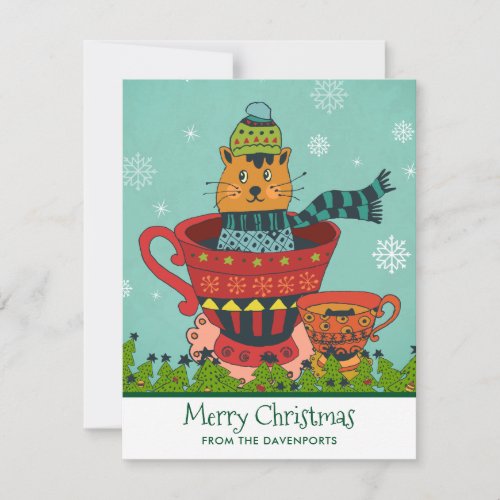 Whimsical Cat Sitting in a Teacup Christmas Holiday Card