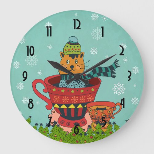 Whimsical Cat Sitting in a Teacup Christmas Large Clock