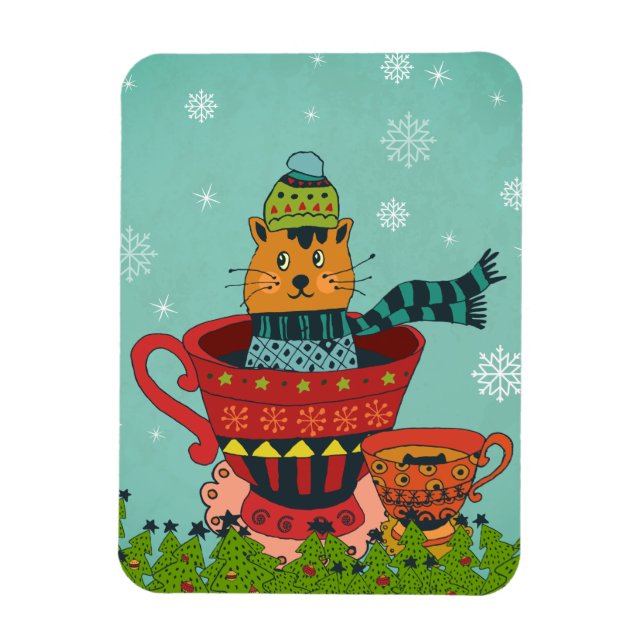 Whimsical Cat Sitting in a Teacup Christmas Magnet (Vertical)