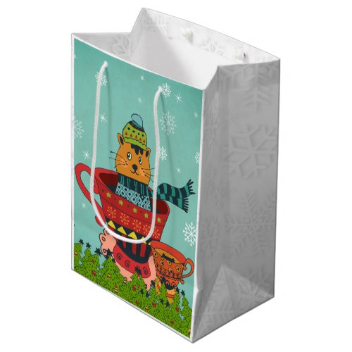 Whimsical Cat Sitting in a Teacup Christmas Medium Gift Bag