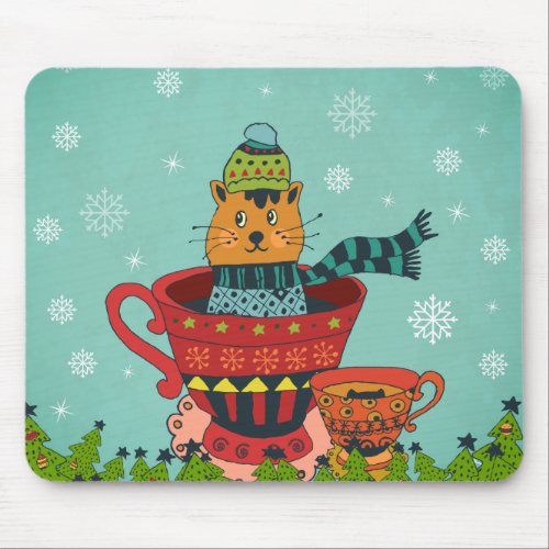 Whimsical Cat Sitting in a Teacup Christmas Mouse Pad