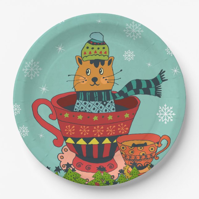 Whimsical Cat Sitting in a Teacup Christmas Paper Plates (Front)