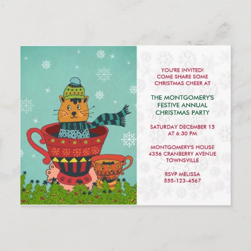 Whimsical Cat Sitting in a Teacup Christmas Party Postcard