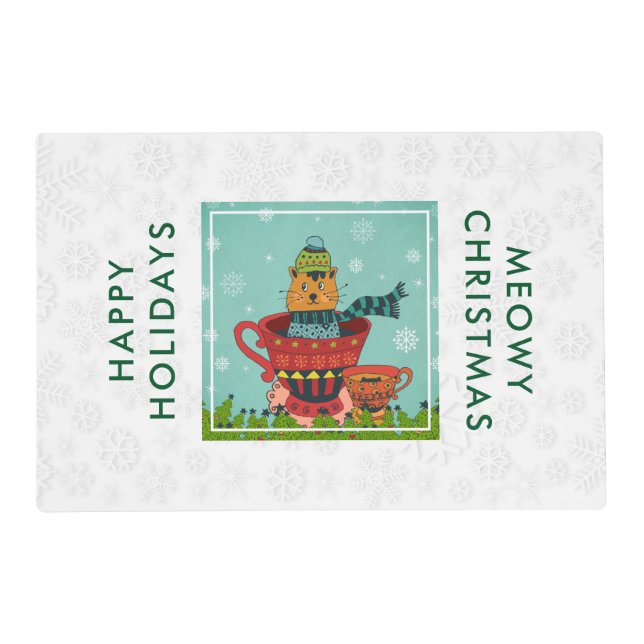 Whimsical Cat Sitting in a Teacup Christmas Placemat (Front)