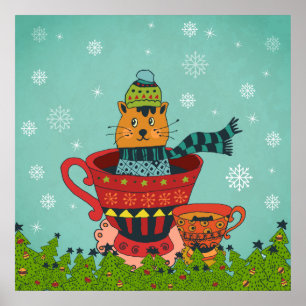 Whimsical Cat Sitting in a Teacup Christmas Poster