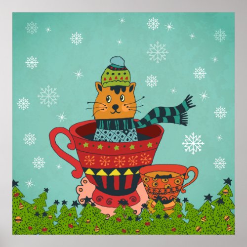 Whimsical Cat Sitting in a Teacup Christmas Poster