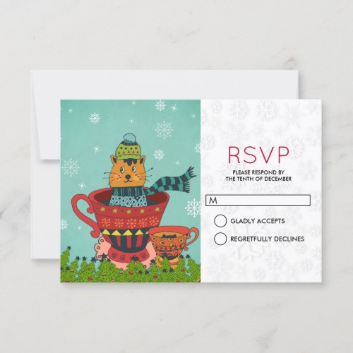 Whimsical Cat Sitting in a Teacup Christmas RSVP Invitation