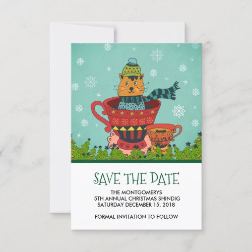 Whimsical Cat Sitting in a Teacup Christmas Save The Date