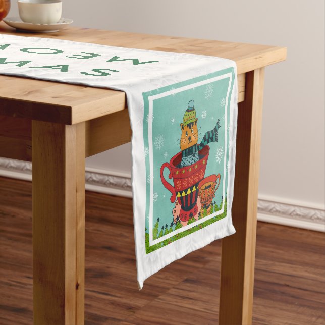 Whimsical Cat Sitting in a Teacup Christmas Short Table Runner (In Situ)