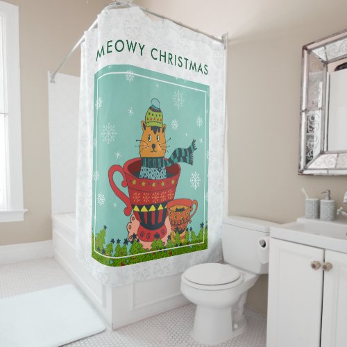 Whimsical Cat Sitting in a Teacup Christmas Shower Curtain