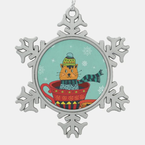 Whimsical Cat Sitting in a Teacup Christmas Snowflake Pewter Christmas Ornament