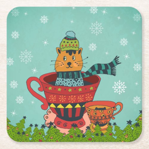 Whimsical Cat Sitting in a Teacup Christmas Square Paper Coaster