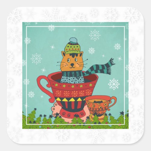 Whimsical Cat Sitting in a Teacup Christmas Square Sticker