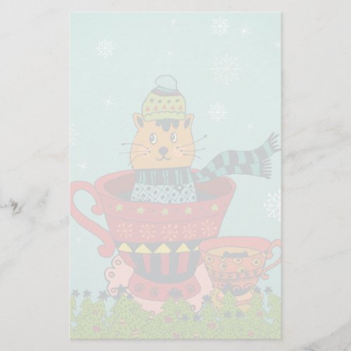 Whimsical Cat Sitting in a Teacup Christmas Stationery