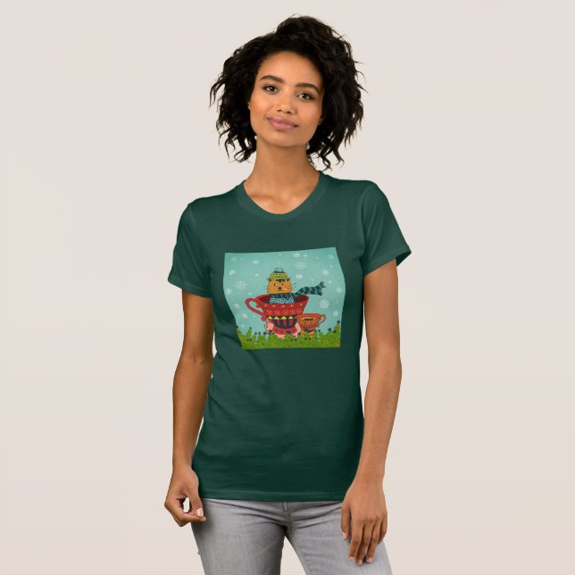 Whimsical Cat Sitting in a Teacup Christmas T-Shirt (Front Full)