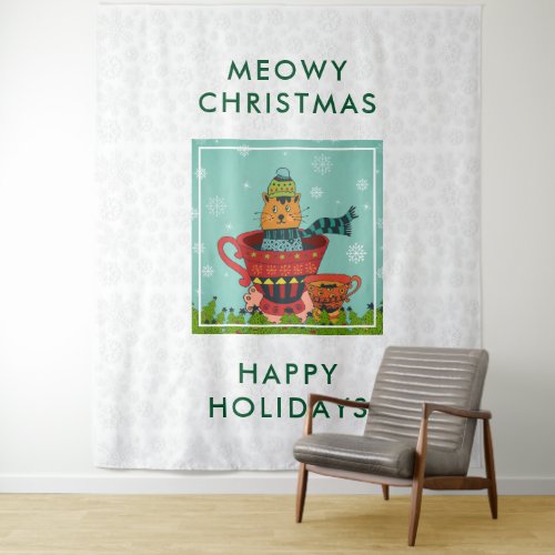 Whimsical Cat Sitting in a Teacup Christmas Tapestry