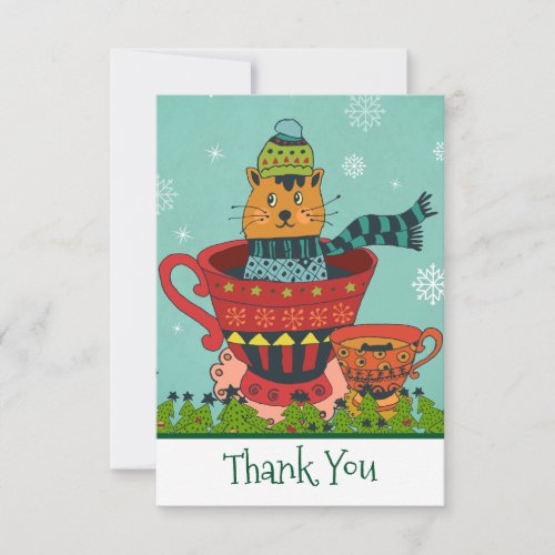 Whimsical Cat Sitting in a Teacup Christmas Thank You Card