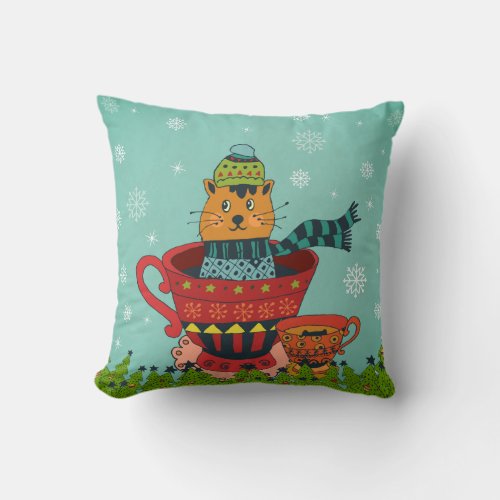 Whimsical Cat Sitting in a Teacup Christmas Throw Pillow