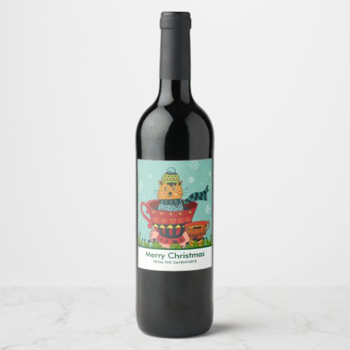 Whimsical Cat Sitting in a Teacup Christmas Wine Label